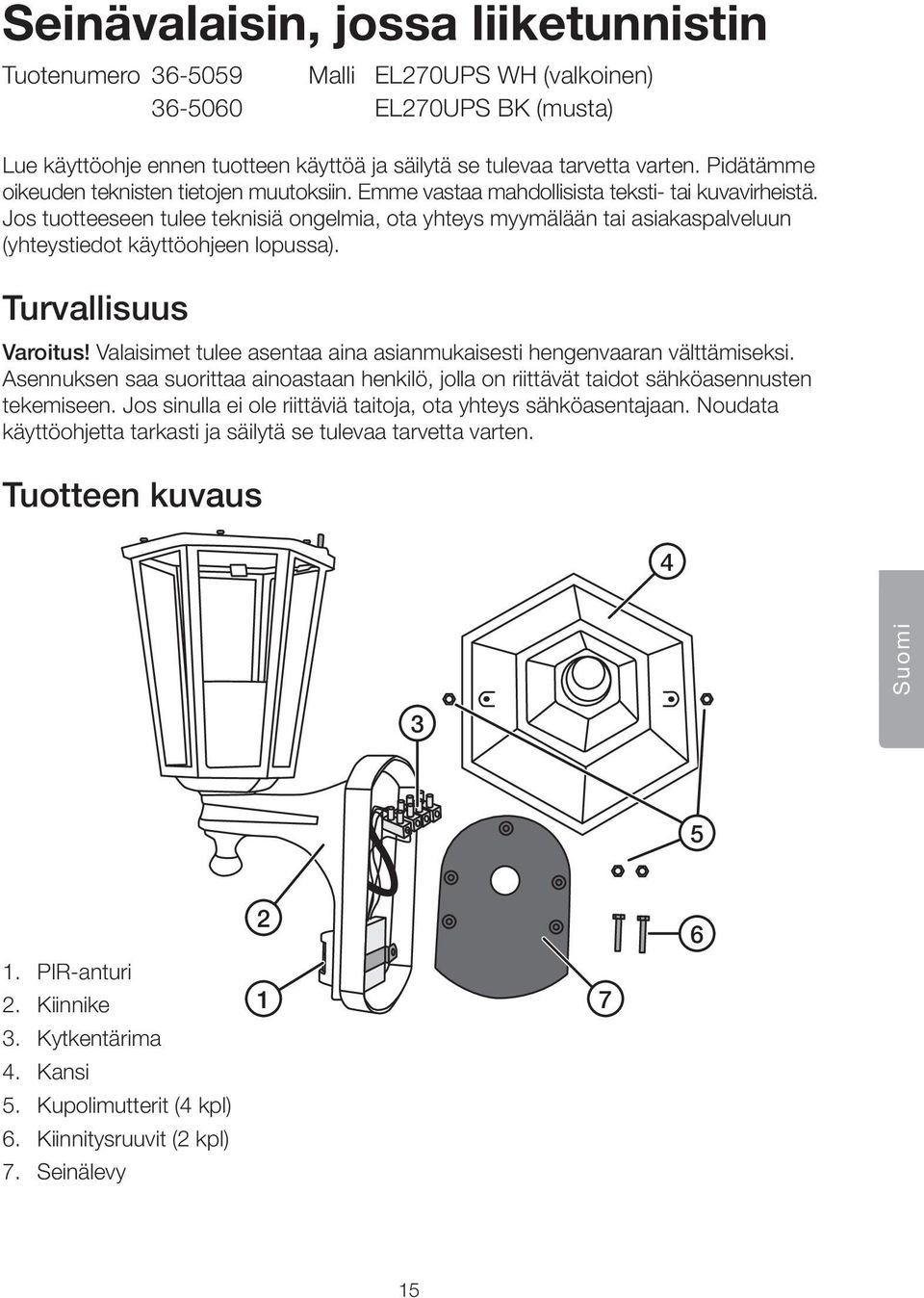 Jos tuotteeseen tulee teknisiõ ongelmia, ota yhteys myymõlõõn tai asiakaspalveluun (yhteystiedot kõytt ohjeen lopussa). Turvallisuus Varoitus!