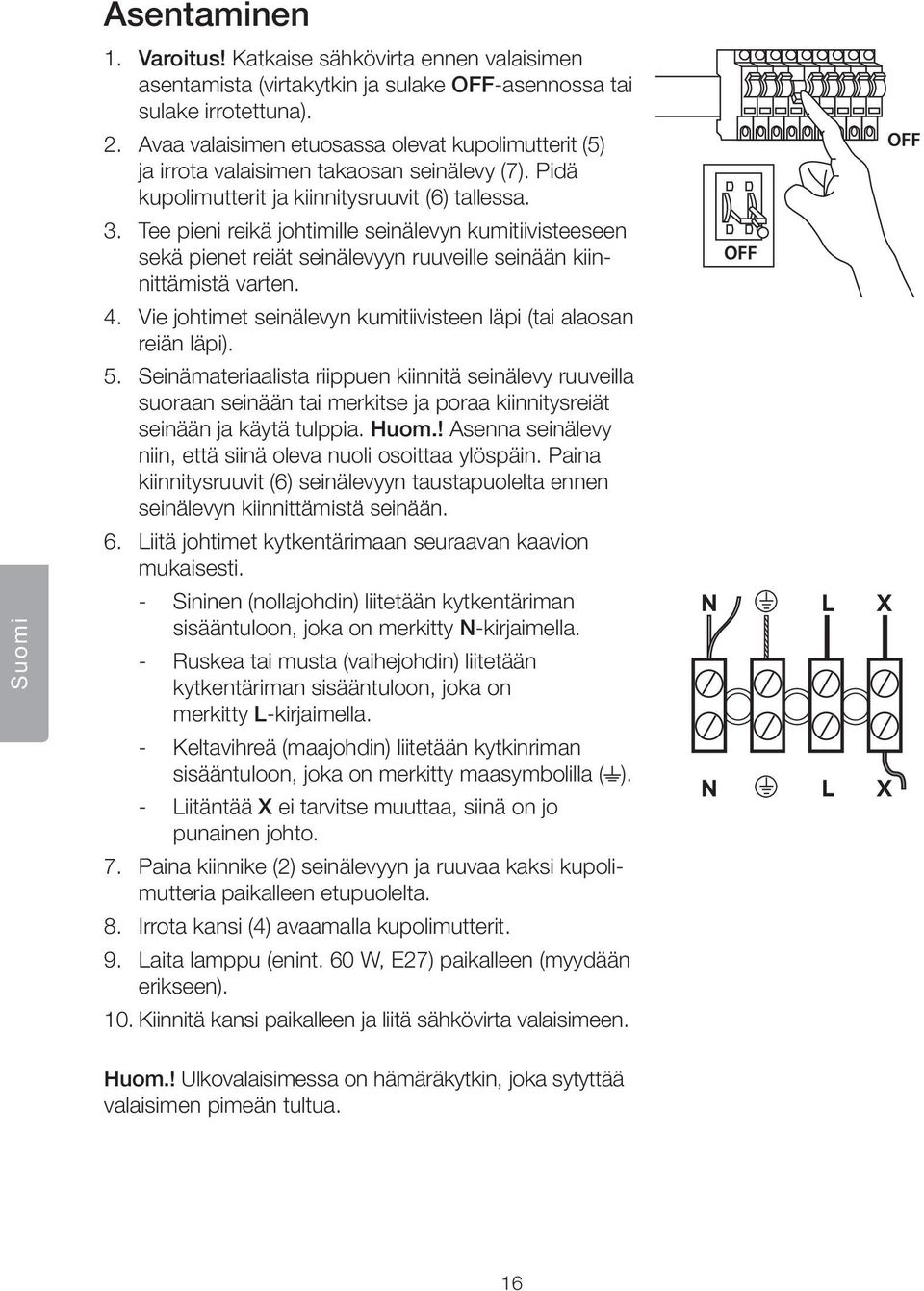 Tee pieni reikõ johtimille seinõlevyn kumitiivisteeseen sekõ pienet reiõt seinõlevyyn ruuveille seinõõn kiinnittõmistõ varten. 4. Vie johtimet seinõlevyn kumitiivisteen lõpi (tai alaosan reiõn lõpi).