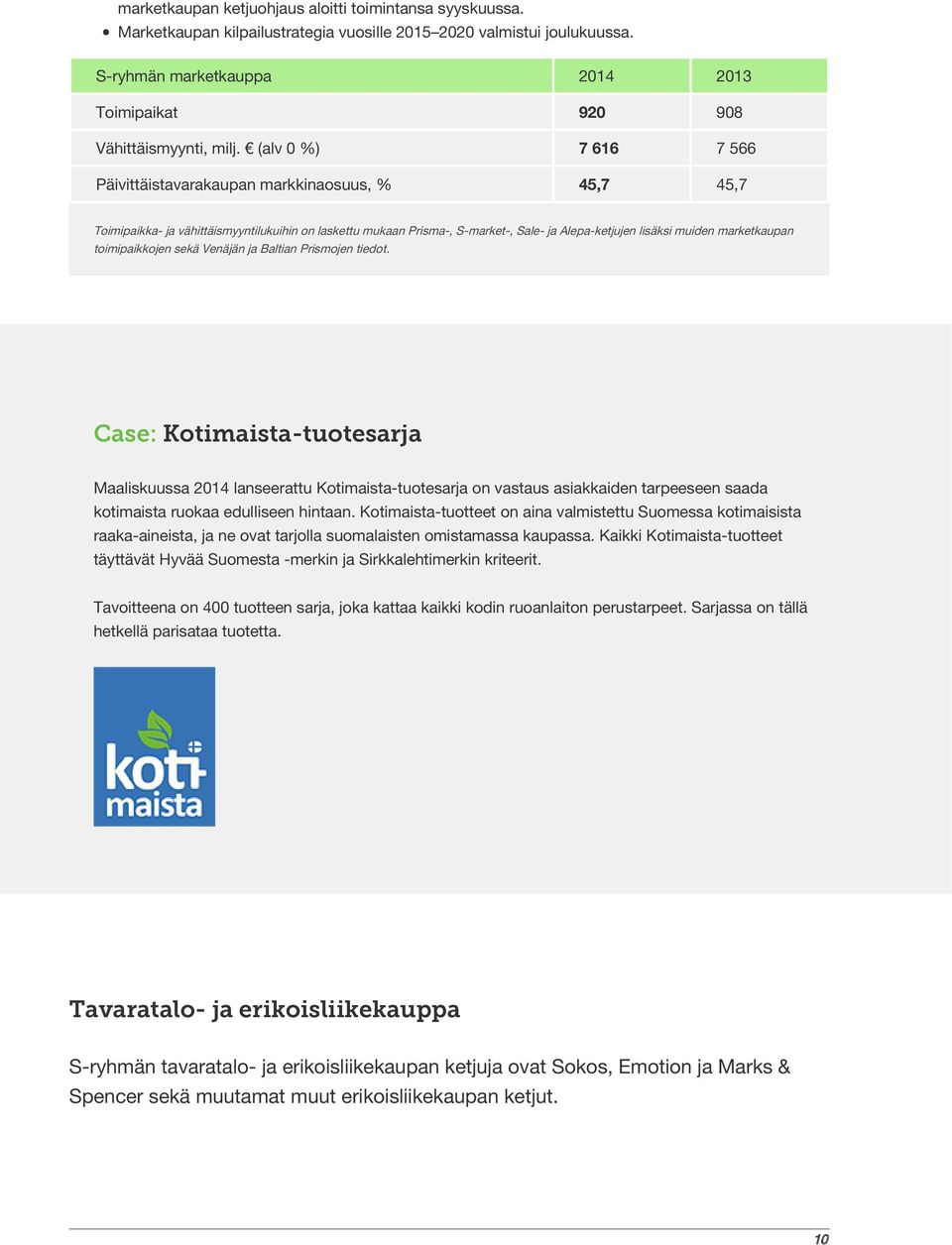 (alv 0 %) 7 616 7 566 Päivittäistavarakaupan markkinaosuus, % 45,7 45,7 Toimipaikka- ja vähittäismyyntilukuihin on laskettu mukaan Prisma-, S-market-, Sale- ja Alepa-ketjujen lisäksi muiden