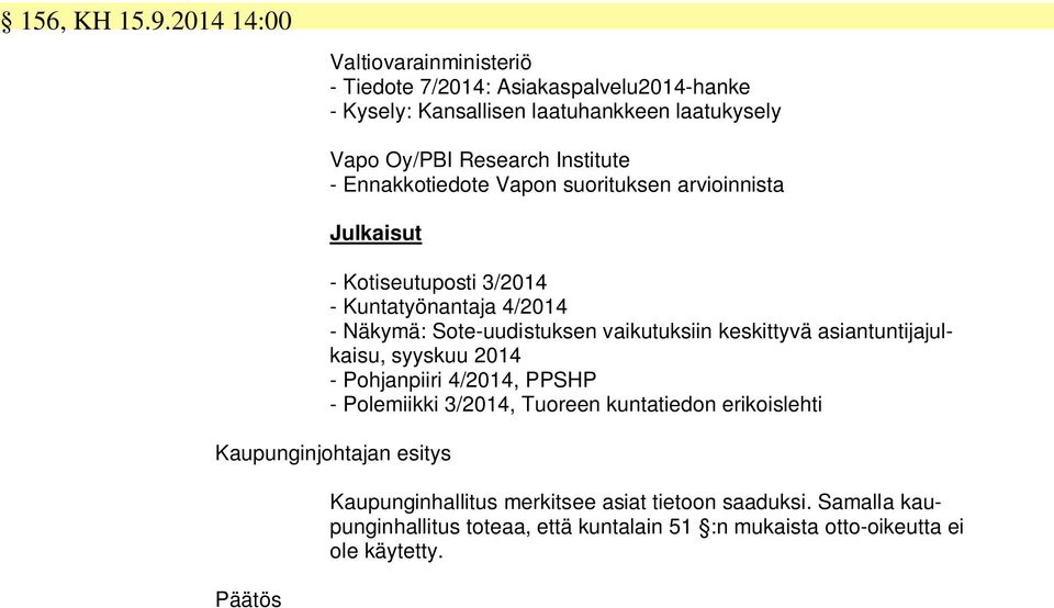 Institute - Ennakkotiedote Vapon suorituksen arvioinnista Julkaisut - Kotiseutuposti 3/2014 - Kuntatyönantaja 4/2014 - Näkymä: Sote-uudistuksen