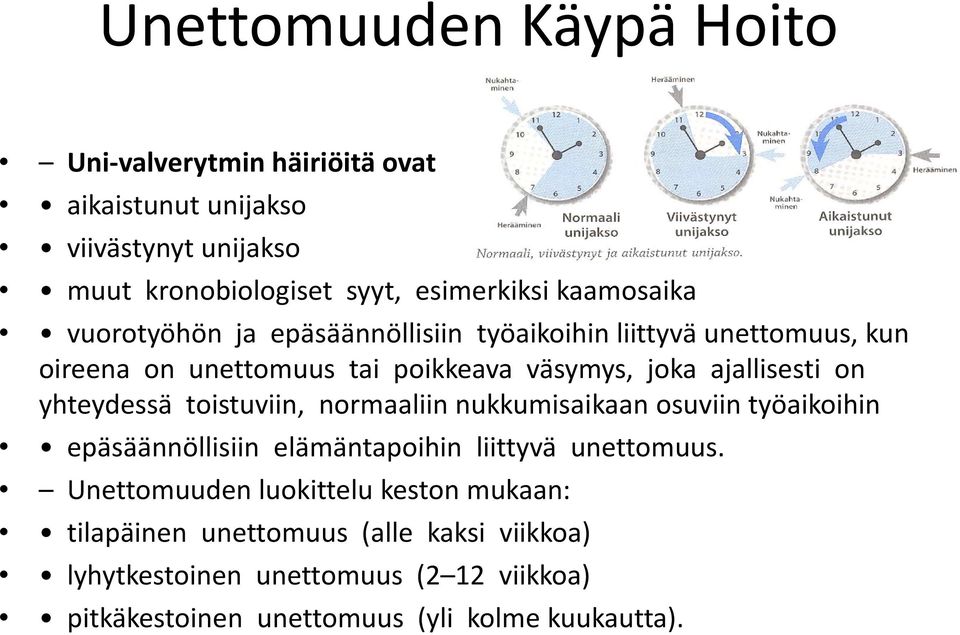 on yhteydessä toistuviin, normaaliin nukkumisaikaan osuviin tyo aikoihin epäsäänno llisiin elämäntapoihin liittyvä unettomuus.