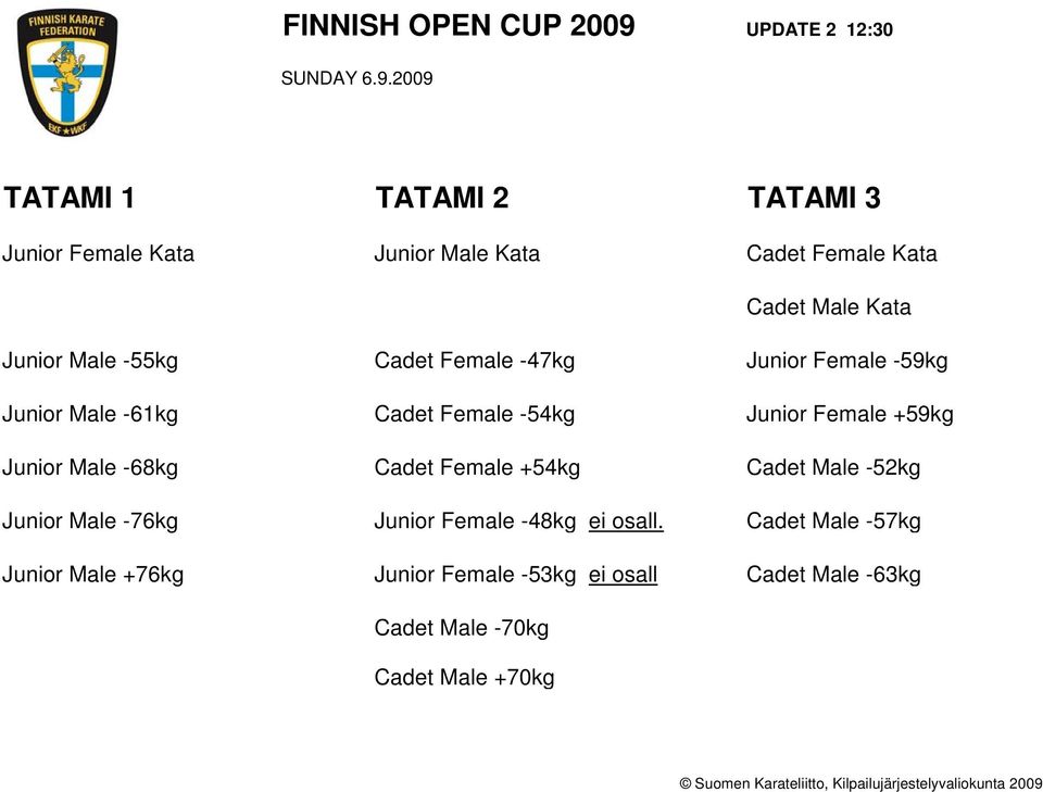 2009 TATAMI 1 TATAMI 2 TATAMI 3 Junior Female Kata Junior Male Kata Cadet Female Kata Cadet Male Kata Junior Male -55kg