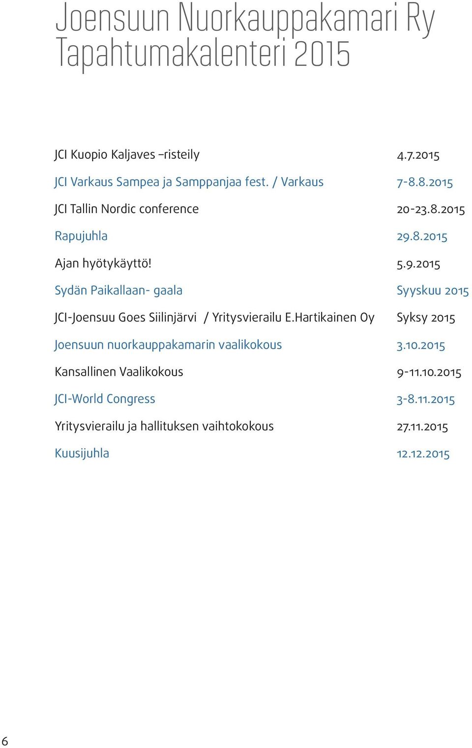 8.2015 Ajan hyötykäyttö! 5.9.2015 Sydän Paikallaan- gaala Syyskuu 2015 JCI-Joensuu Goes Siilinjärvi / Yritysvierailu E.