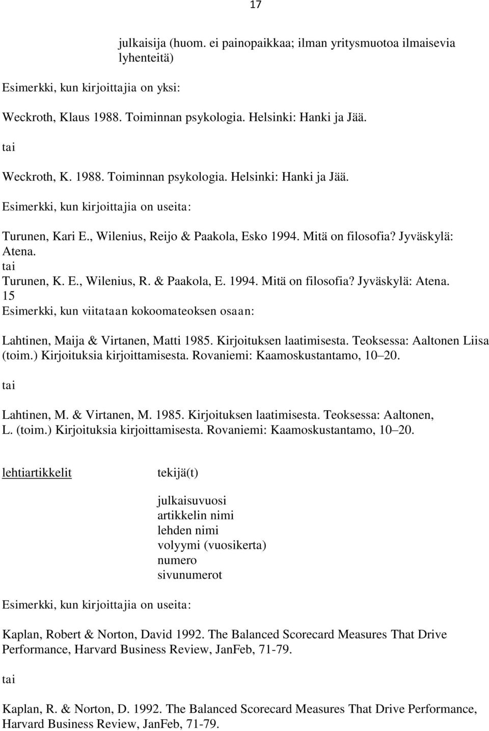 tai Turunen, K. E., Wilenius, R. & Paakola, E. 1994. Mitä on filosofia? Jyväskylä: Atena. 15 Esimerkki, kun viitataan kokoomateoksen osaan: Lahtinen, Maija & Virtanen, Matti 1985.