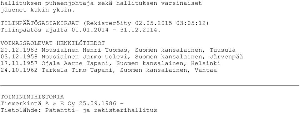 12.1958 Nousiainen Jarmo Uolevi, Suomen kansalainen, Järvenpää 17.11.1957 Ojala Aarne Tapani, Suomen kansalainen, Helsinki 24.10.