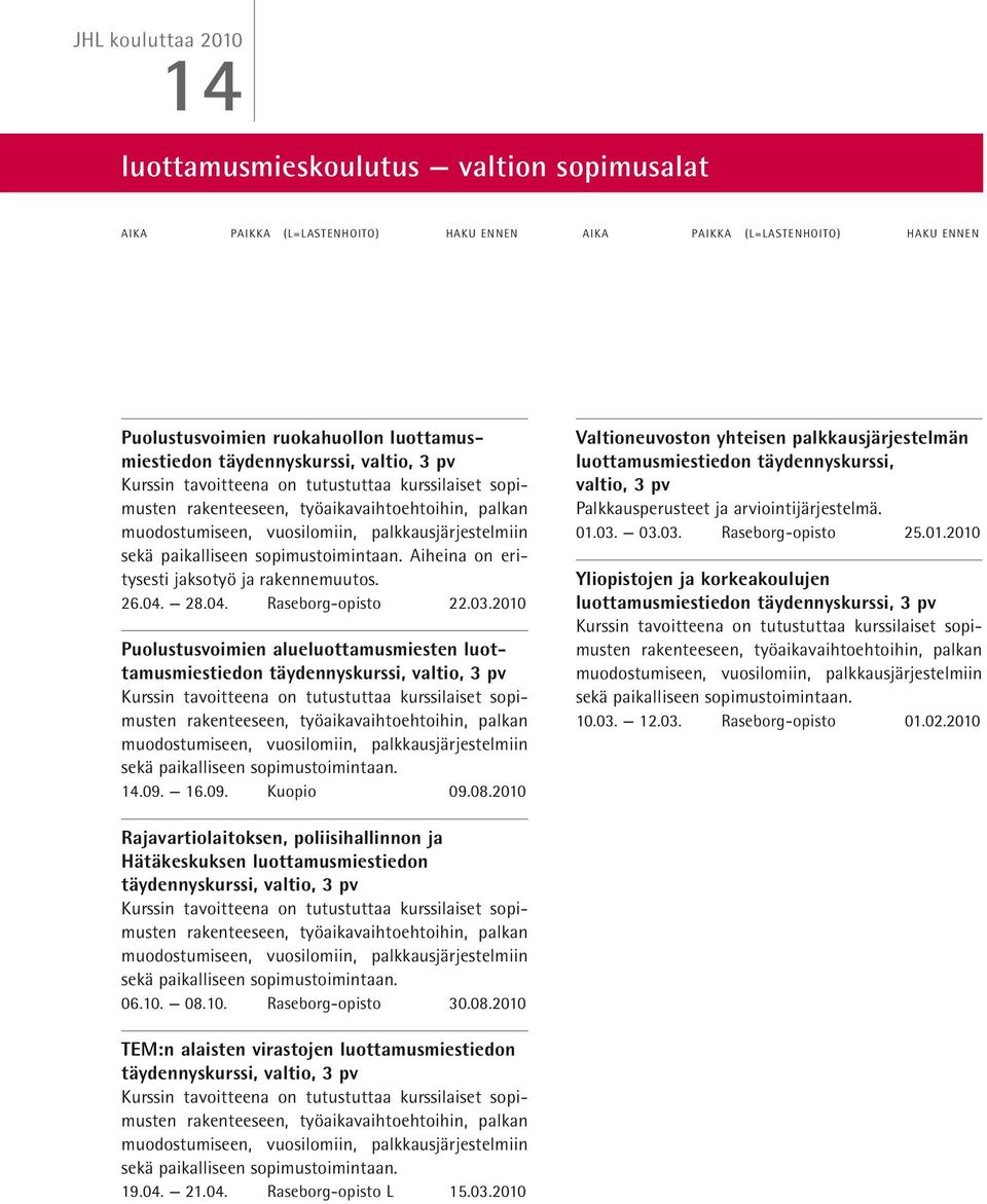 03.2010 Puolustusvoimien alueluottamusmiesten luottamusmiestiedon täydennyskurssi, valtio, Kurssin tavoitteena on tutustuttaa kurssilaiset sopimusten rakenteeseen, työaikavaihtoehtoihin, palkan