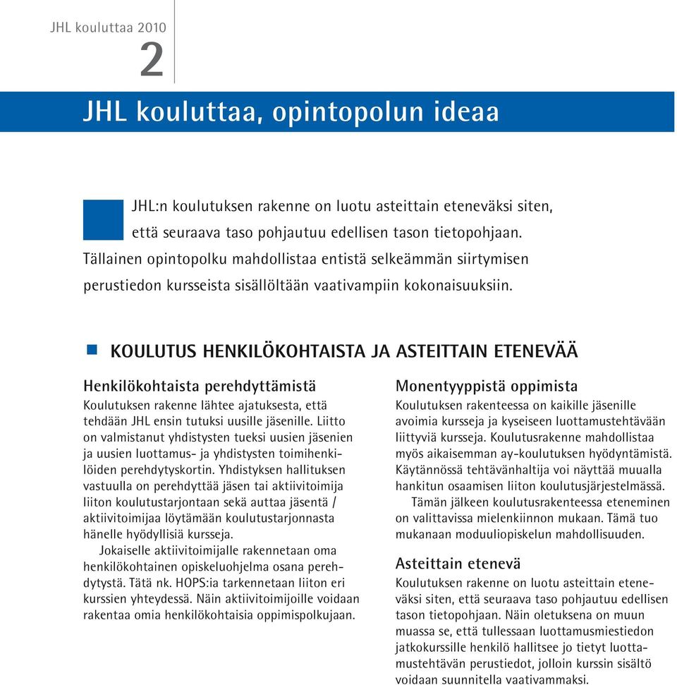 < Koulutus henkilökohtaista ja asteittain etenevää Henkilökohtaista perehdyttämistä Koulutuksen rakenne lähtee ajatuksesta, että tehdään JHL ensin tutuksi uusille jäsenille.