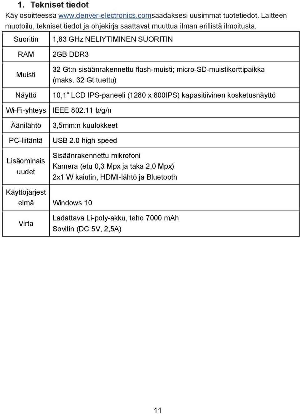 Suoritin 1,83 GHz NELIYTIMINEN SUORITIN RAM Muisti Näyttö 2GB DDR3 32 Gt:n sisäänrakennettu flash-muisti; micro-sd-muistikorttipaikka (maks.