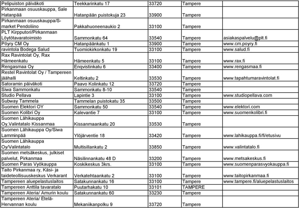 fi ravintola Bodega Salud Tuomiokirkonkatu 19 33100 Tampere www.salud.fi Rax Ravintolat Oy, Rax Hämeenkatu Hämeenkatu 5 33100 Tampere www.rax.fi Rengasmaa Oy Enqvistinkatu 6 33400 Tampere www.