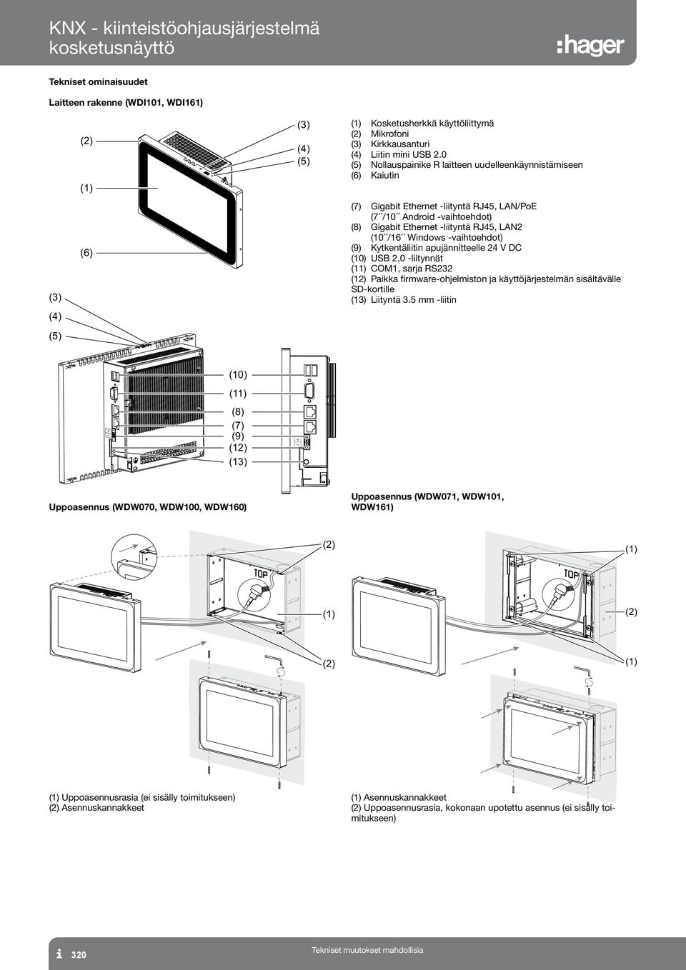 0 (5) ollauspainike R laitteen uudelleenkäynnistämiseen (6) Kaiutin (7) Gigabit Ethernet liityntä RJ45, A/PoE (7 /10 Android vaihtoehdot) (8) Gigabit Ethernet liityntä RJ45, A (10 /16 Windows