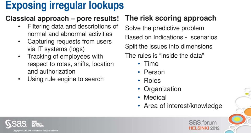 Tracking of employees with respect to rotas, shifts, location and authorization Using rule engine to search The risk scoring