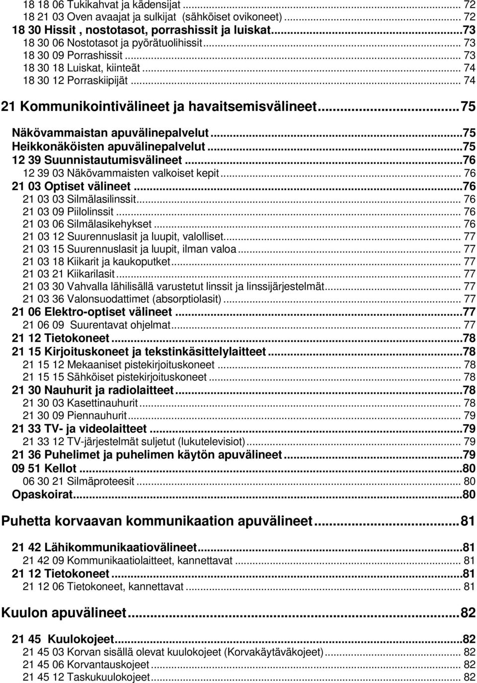 ..75 Heikkonäköisten apuvälinepalvelut...75 12 39 Suunnistautumisvälineet...76 12 39 03 Näkövammaisten valkoiset kepit... 76 21 03 Optiset välineet...76 21 03 03 Silmälasilinssit.