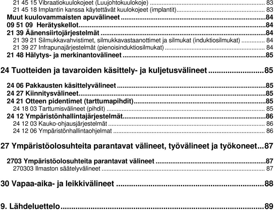 .. 84 21 48 Hälytys- ja merkinantovälineet...85 24 Tuotteiden ja tavaroiden käsittely- ja kuljetusvälineet...85 24 06 Pakkausten käsittelyvälineet...85 24 27 Kiinnitysvälineet.