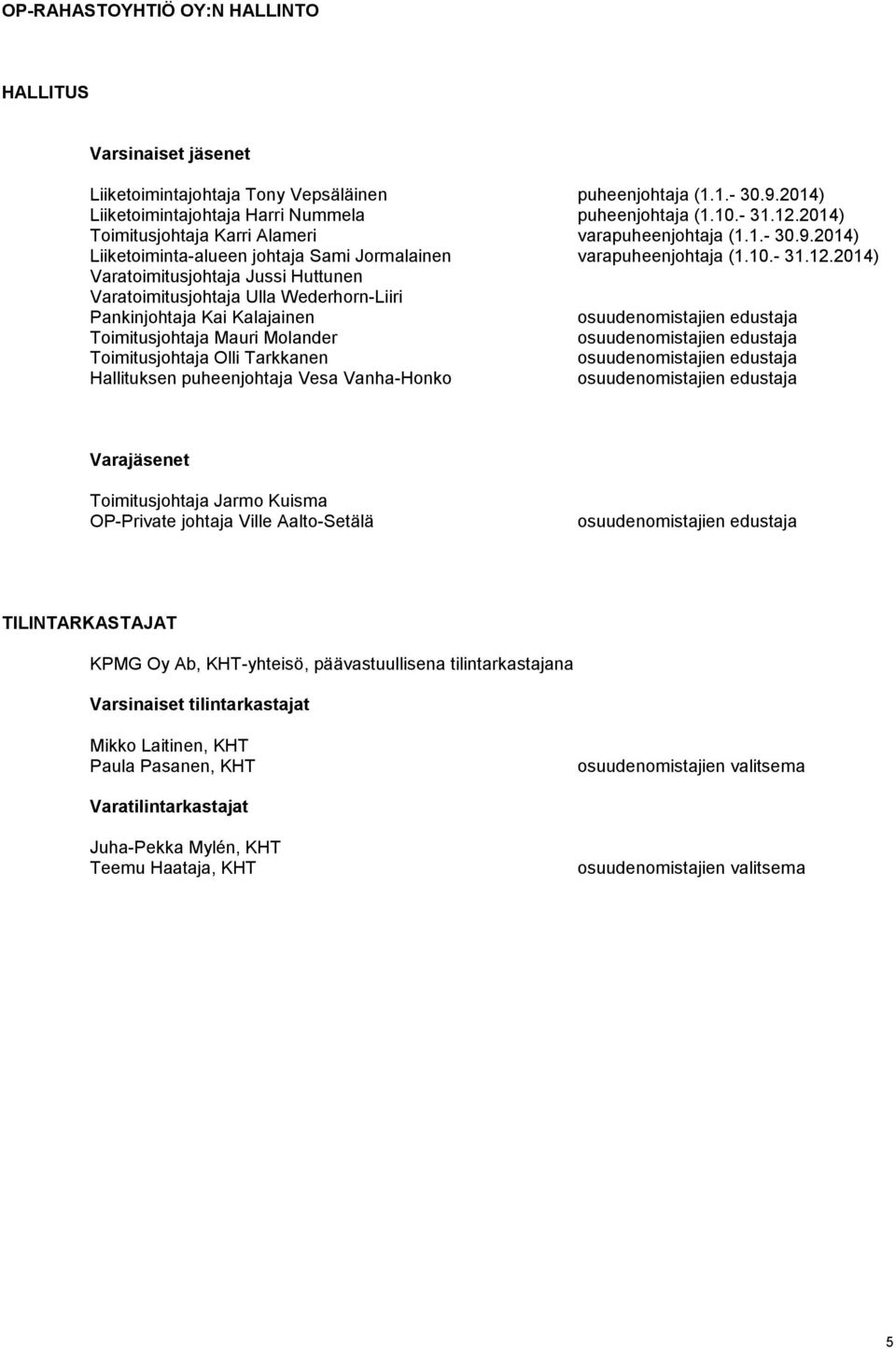 2014) Varatoimitusjohtaja Jussi Huttunen Varatoimitusjohtaja Ulla Wederhorn-Liiri Pankinjohtaja Kai Kalajainen osuudenomistajien edustaja Toimitusjohtaja Mauri Molander osuudenomistajien edustaja