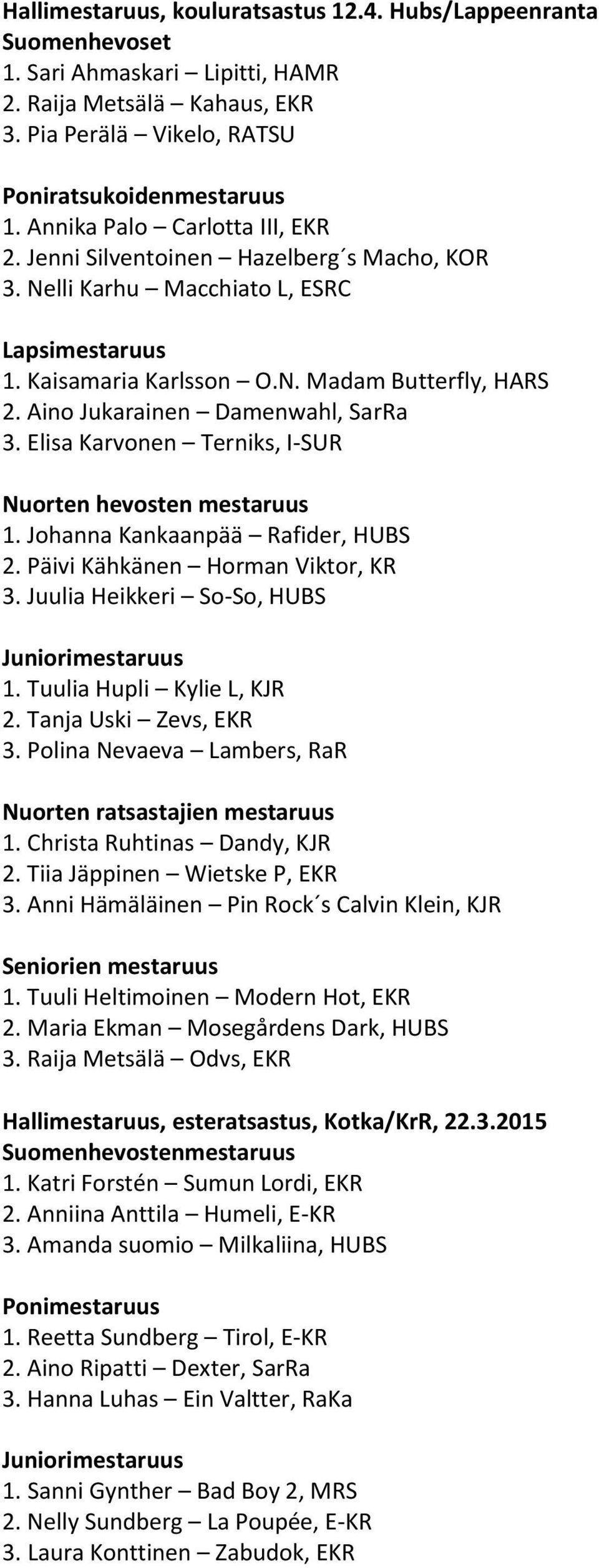 Aino Jukarainen Damenwahl, SarRa 3. Elisa Karvonen Terniks, I-SUR Nuorten hevosten mestaruus 1. Johanna Kankaanpää Rafider, HUBS 2. Päivi Kähkänen Horman Viktor, KR 3. Juulia Heikkeri So-So, HUBS 1.