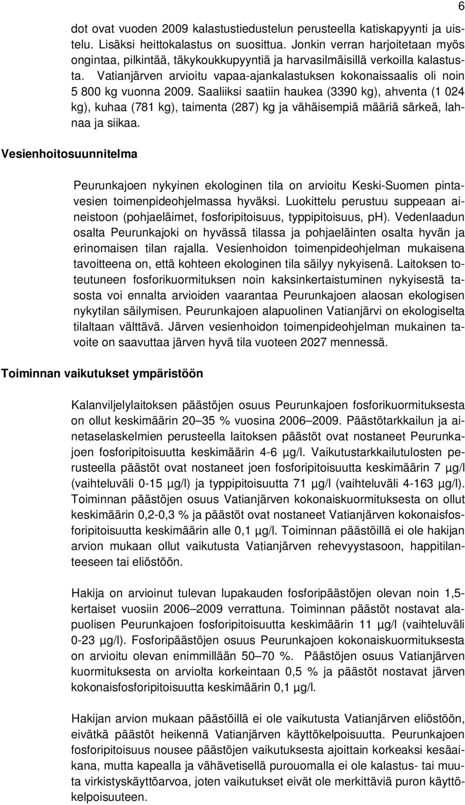Vatianjärven arvioitu vapaa-ajankalastuksen kokonaissaalis oli noin 5 800 kg vuonna 2009.