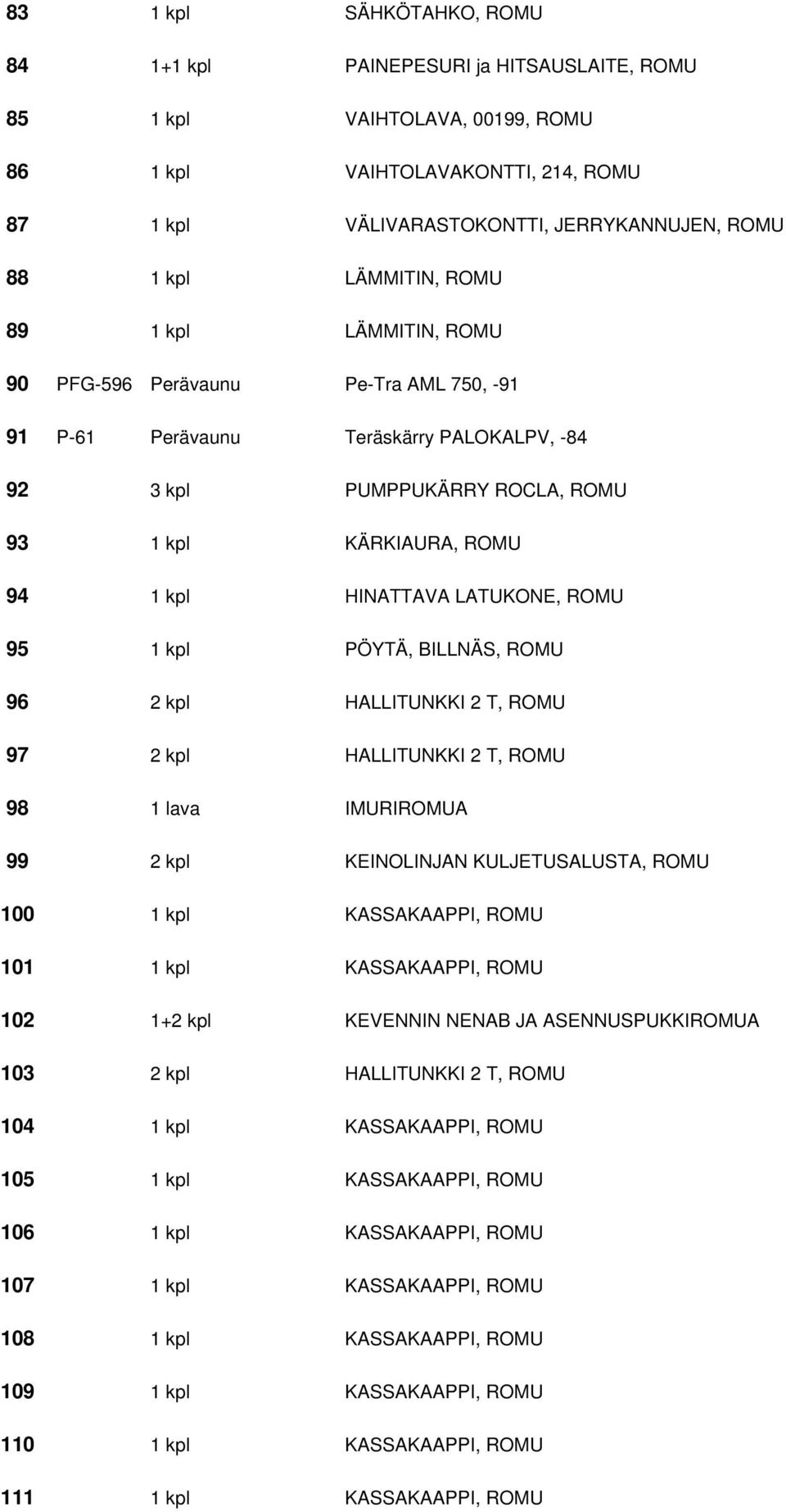 HINATTAVA LATUKONE, ROMU 95 1 kpl PÖYTÄ, BILLNÄS, ROMU 96 2 kpl HALLITUNKKI 2 T, ROMU 97 2 kpl HALLITUNKKI 2 T, ROMU 98 1 lava IMURIROMUA 99 2 kpl KEINOLINJAN KULJETUSALUSTA, ROMU 100 1 kpl