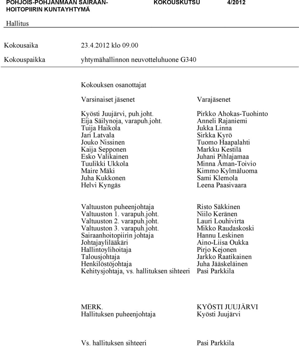 Tuija Haikola Jari Latvala Jouko Nissinen Kaija Sepponen Esko Valikainen Tuulikki Ukkola Maire Mäki Juha Kukkonen Helvi Kyngäs Varajäsenet Pirkko Ahokas-Tuohinto Anneli Rajaniemi Jukka Linna Sirkka