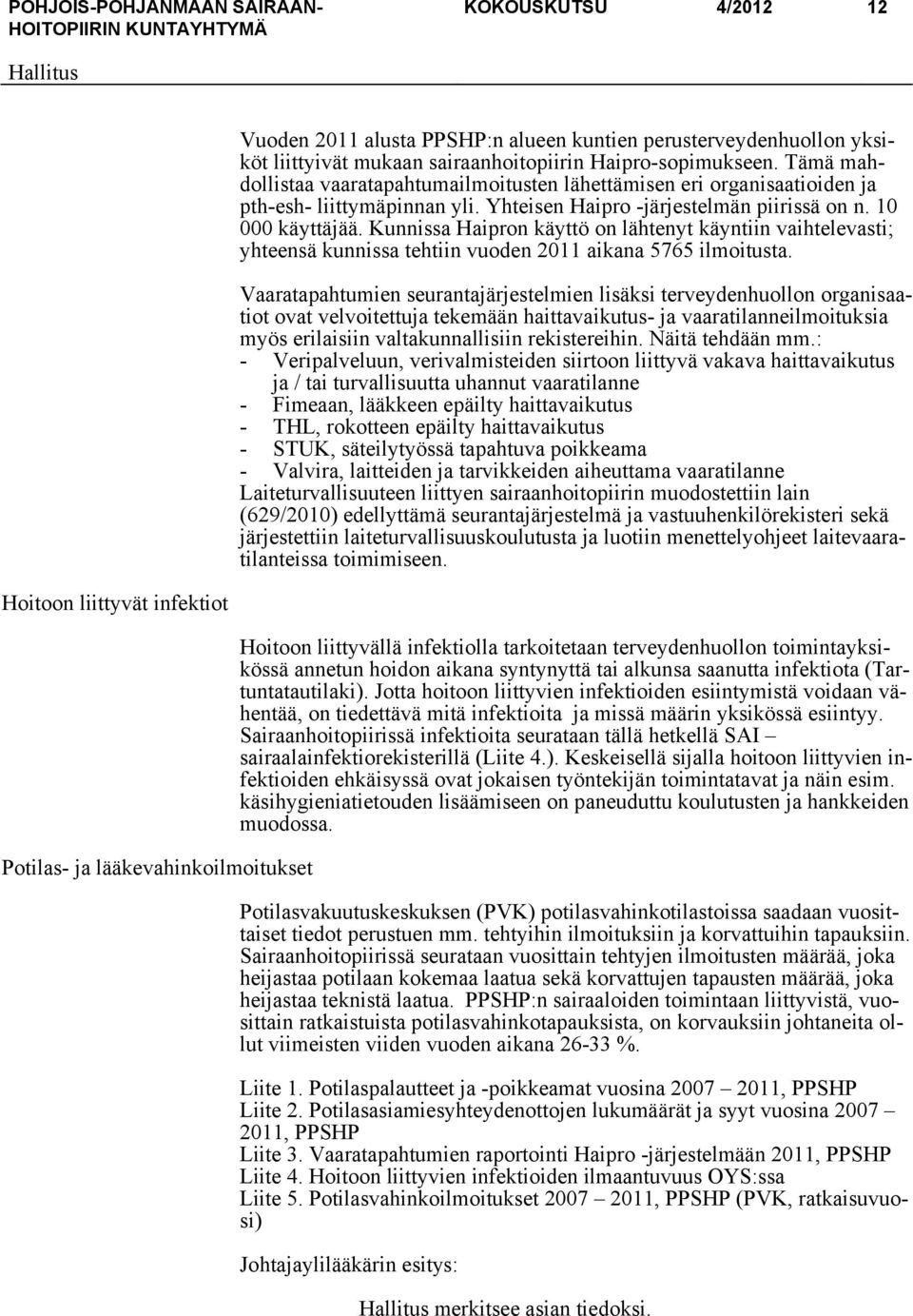 Kunnissa Haipron käyttö on lähtenyt käyntiin vaihtelevasti; yhteensä kunnissa tehtiin vuoden 2011 aikana 5765 ilmoitusta.