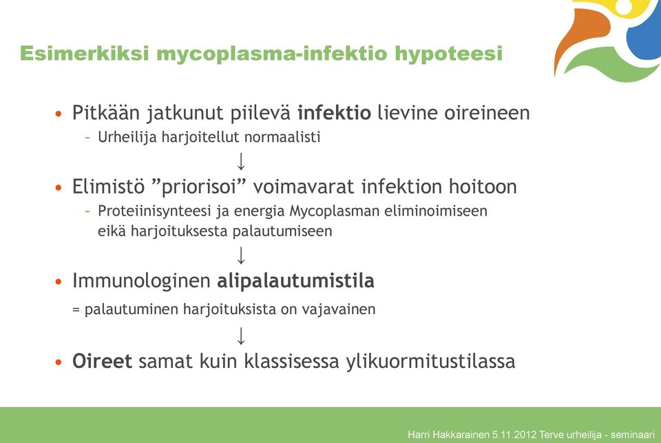 Mycoplasman eliminoimiseen eikä harjoituksesta palautumiseen Immunologinen alipalautumistila = palautuminen