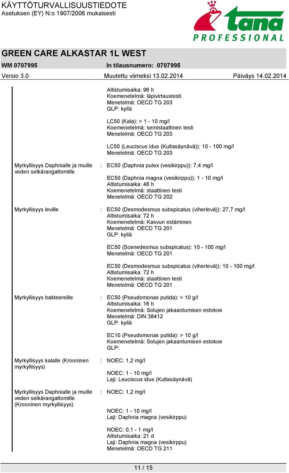 (vesikirppu)): 1-10 mg/l Altistumisaika: 48 h Koemenetelmä: staattinen testi Menetelmä: OECD TG 202 : EC50 (Desmodesmus subspicatus (viherlevä)): 27,7 mg/l Altistumisaika: 72 h Koemenetelmä: Kasvun