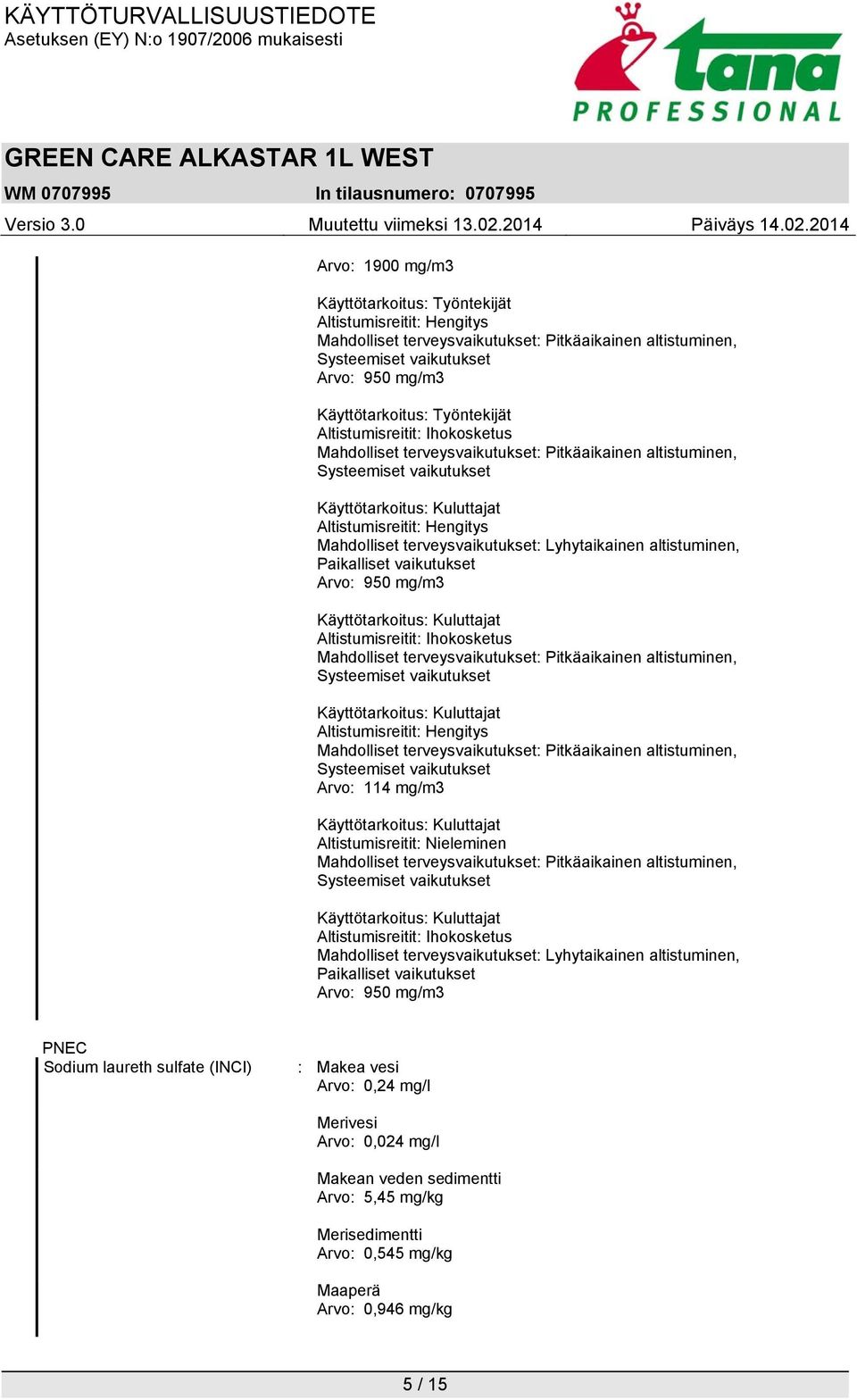 Altistumisreitit: Nieleminen Altistumisreitit: Ihokosketus Mahdolliset terveysvaikutukset: Lyhytaikainen altistuminen, Paikalliset vaikutukset Arvo: 950 mg/m3 PNEC Sodium