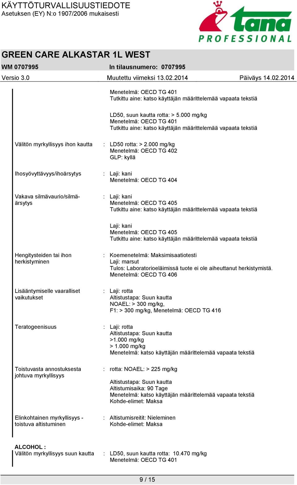 > 2.000 mg/kg Menetelmä: OECD TG 402 GLP: kyllä : Laji: kani Menetelmä: OECD TG 404 : Laji: kani Menetelmä: OECD TG 405 Tutkittu aine: katso käyttäjän määrittelemää vapaata tekstiä Laji: kani