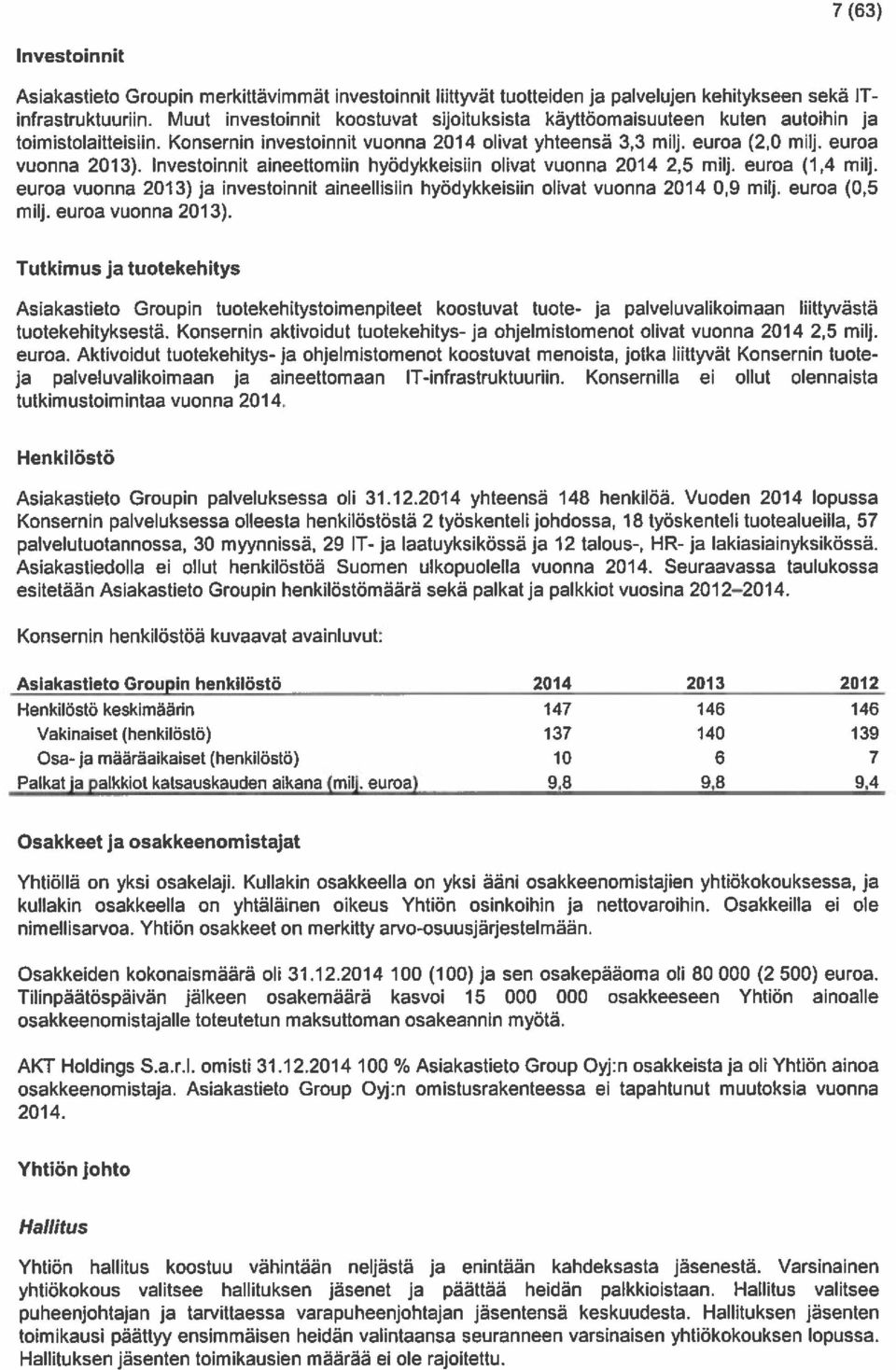 Investoinnit aineettomnn hyödykkeisiin olivat vuonna 2014 2,5 milj. euroa (1,4 milj. euroa vuonna 2013) ja investoinnit aineellisfln hyödykkeisnn olivat vuonna 2014 0,9 milj. euroa (0,5 milj.