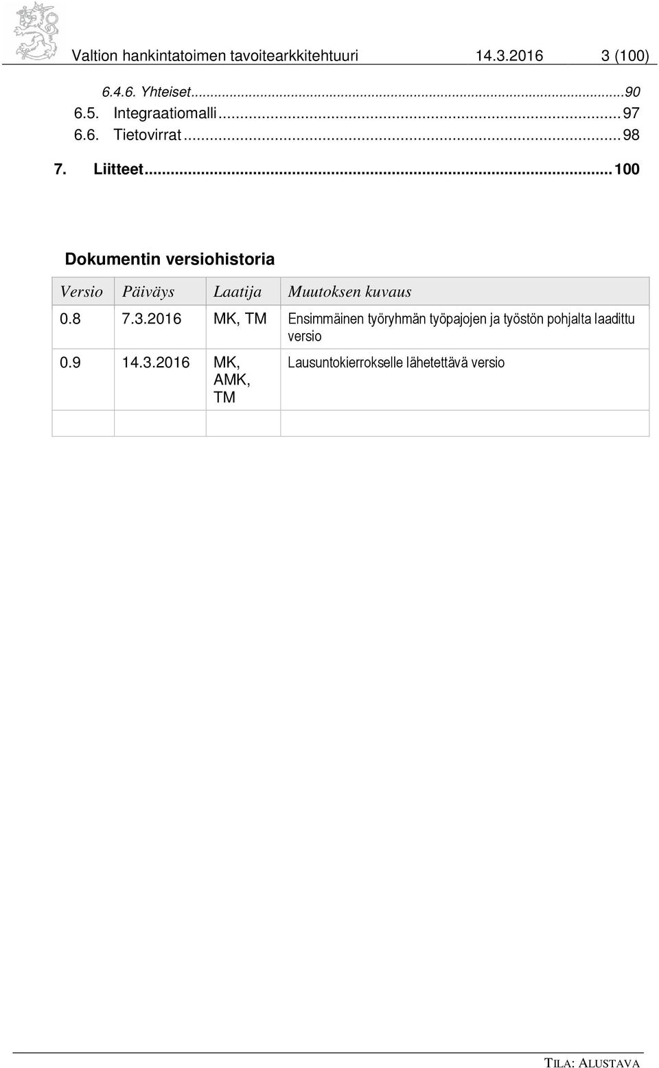 .. 100 Dokumentin versiohistoria Versio Päiväys Laatija Muutoksen kuvaus 0.8 7.3.