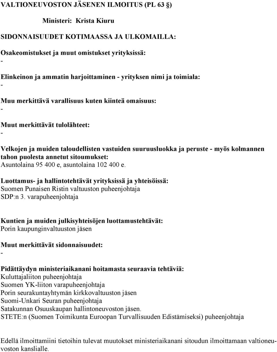 Luottamus ja hallintotehtävät yrityksissä ja yhteisöissä: Suomen Punaisen Ristin valtuuston puheenjohtaja SDP:n 3.