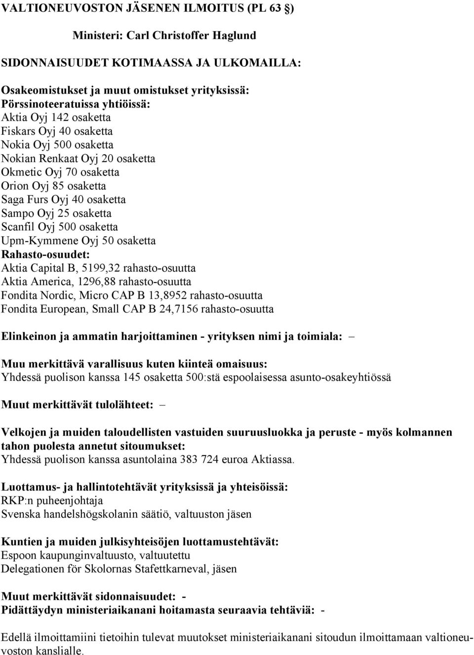 rahastoosuutta Fondita Nordic, Micro CAP B 13,8952 rahastoosuutta Fondita European, Small CAP B 24,7156 rahastoosuutta Elinkeinon ja ammatin harjoittaminen yrityksen nimi ja toimiala: Yhdessä