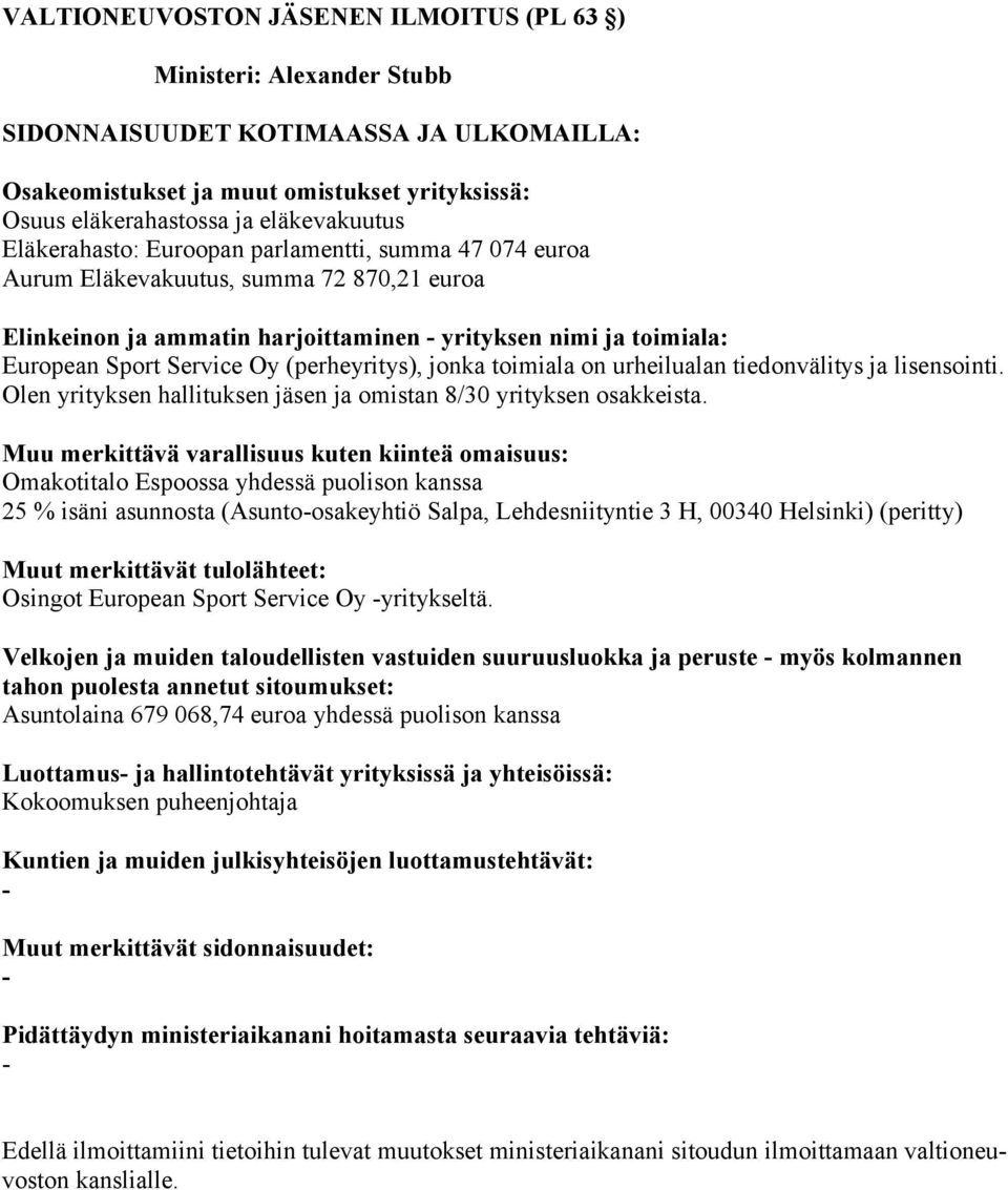 Olen yrityksen hallituksen jäsen ja omistan 8/30 yrityksen osakkeista.