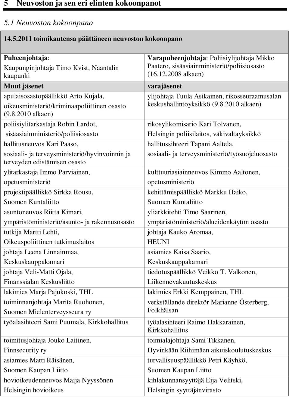 2010 alkaen) poliisiylitarkastaja Robin Lardot, sisäasiainministeriö/poliisiosasto hallitusneuvos Kari Paaso, sosiaali- ja terveysministeriö/hyvinvoinnin ja terveyden edistämisen osasto ylitarkastaja