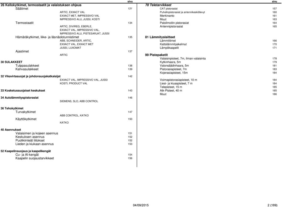 ALU, PISTESARJAT, JUSSI Hämäräkytkimet, liike- ja läsnäolotunnistimet 135 81 Lämmityslaitteet ABB, SCHNEIDER, ARTIC, Lämmittimet 166 EXXACT VAL, EXXACT MET Kattolämmityskelmut 170 JUSSI, LUXOMAT