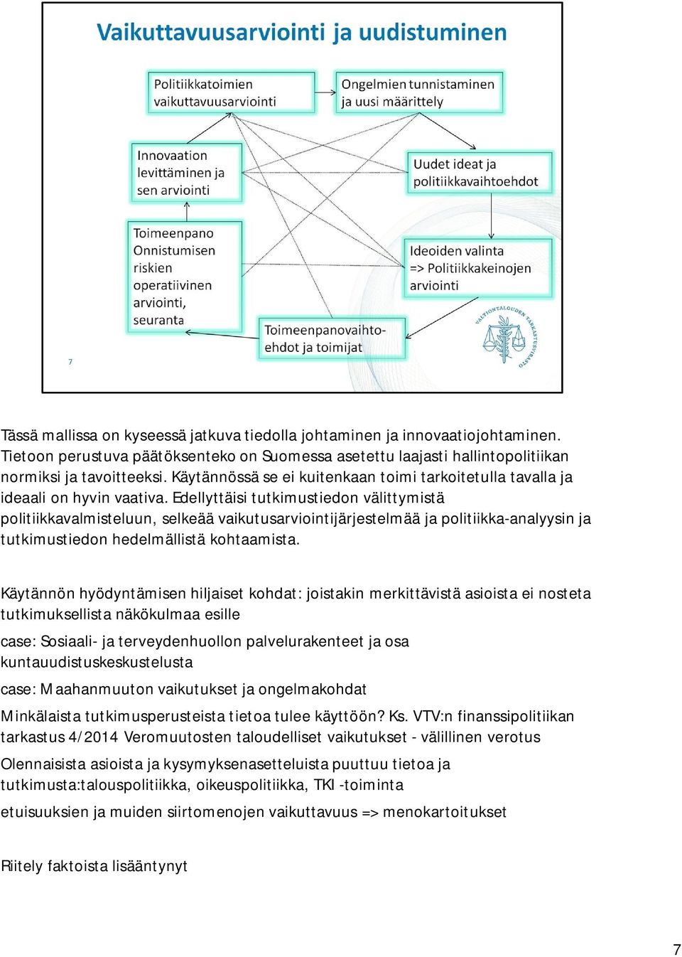 Edellyttäisi tutkimustiedon välittymistä politiikkavalmisteluun, selkeää vaikutusarviointijärjestelmää ja politiikka-analyysin ja tutkimustiedon hedelmällistä kohtaamista.