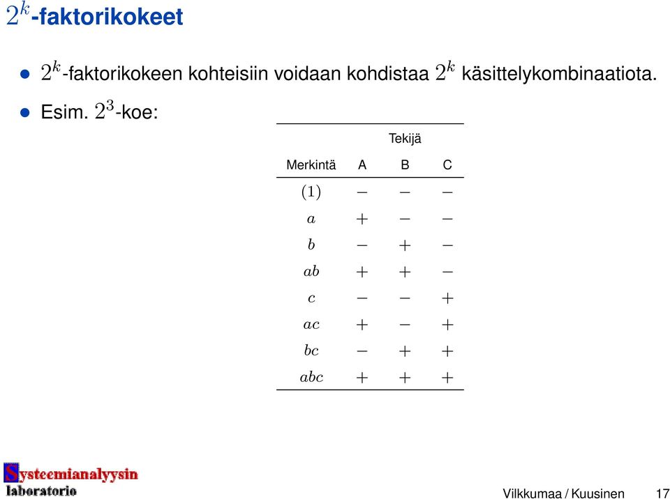 2 3 -koe: Tekijä Merkintä A B C (1) a + b + ab + +