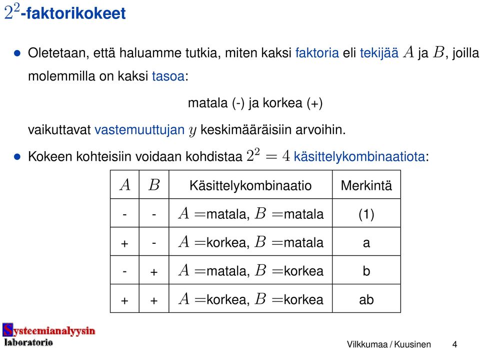 Kokeen kohteisiin voidaan kohdistaa 2 2 = 4 käsittelykombinaatiota: A B Käsittelykombinaatio Merkintä - - A