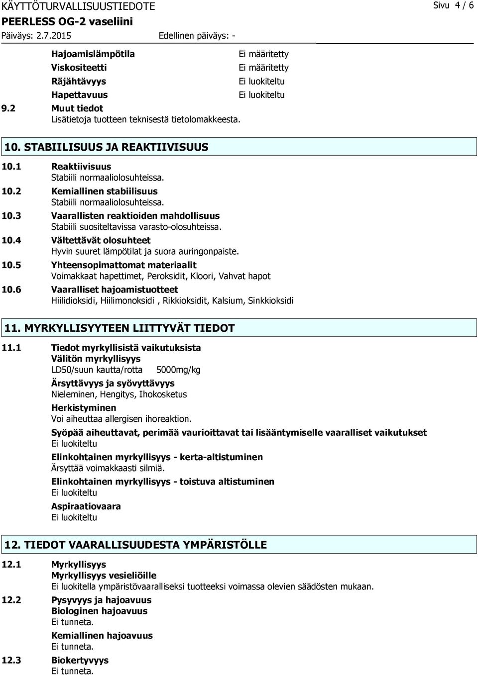 10.4 Vältettävät olosuhteet Hyvin suuret lämpötilat ja suora auringonpaiste. 10.5 Yhteensopimattomat materiaalit Voimakkaat hapettimet, Peroksidit, Kloori, Vahvat hapot 10.