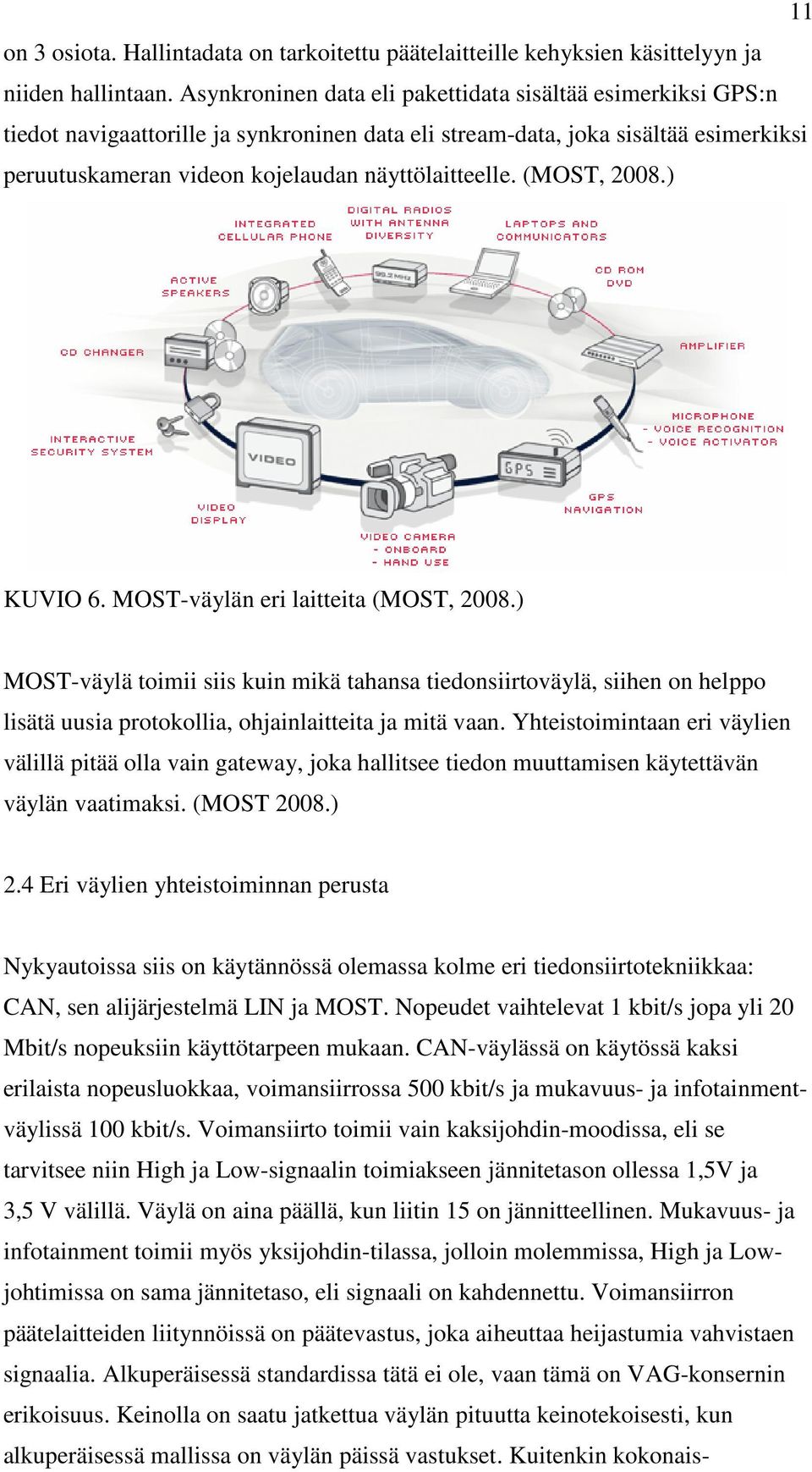 (MOST, 2008.) KUVIO 6. MOST-väylän eri laitteita (MOST, 2008.) MOST-väylä toimii siis kuin mikä tahansa tiedonsiirtoväylä, siihen on helppo lisätä uusia protokollia, ohjainlaitteita ja mitä vaan.
