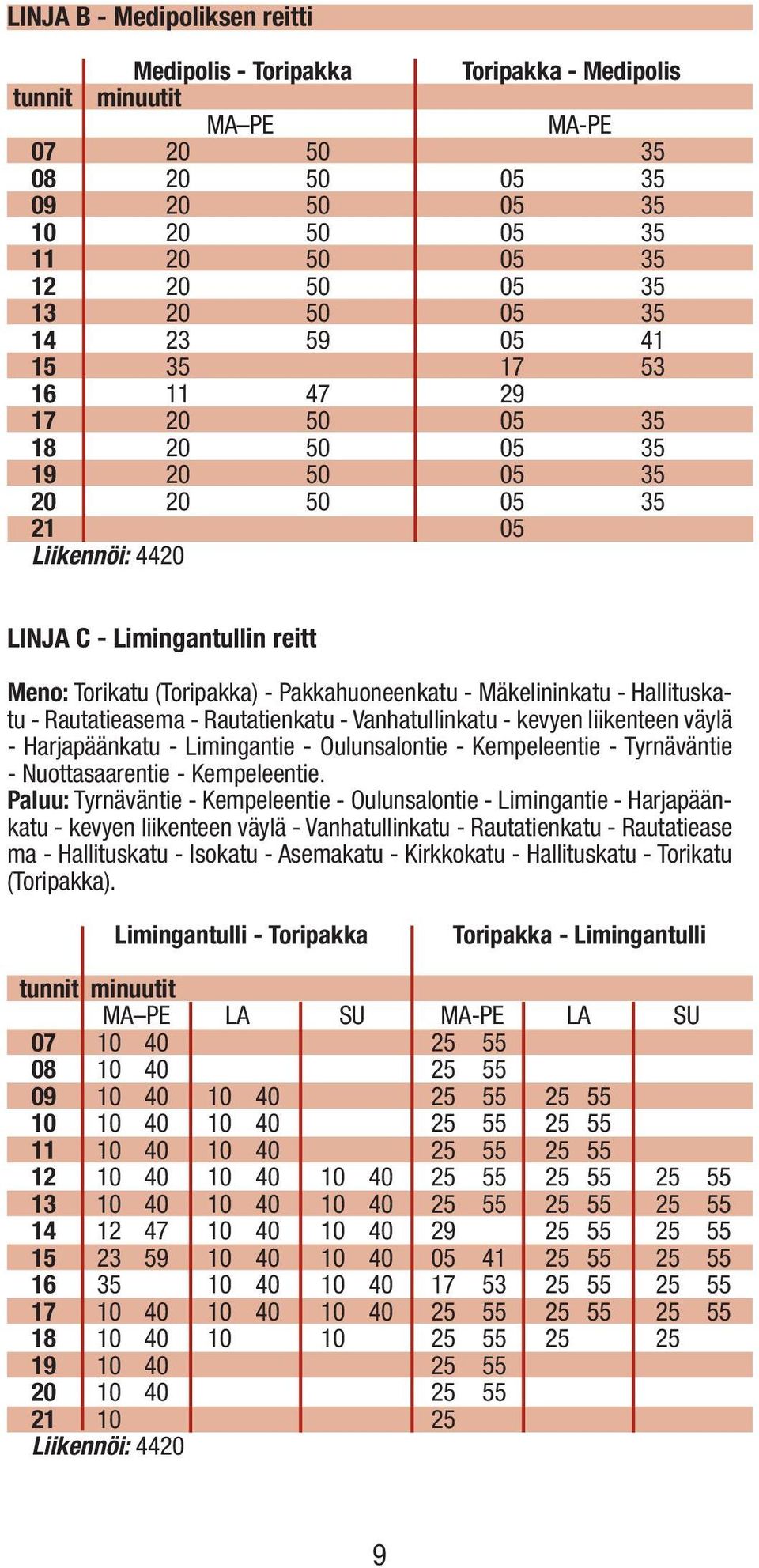 Mäkelininkatu - Hallituskatu - Rautatieasema - Rautatienkatu - Vanhatullinkatu - kevyen liikenteen väylä - Harjapäänkatu - Limingantie - Oulunsalontie - Kempeleentie - Tyrnäväntie - Nuottasaarentie -