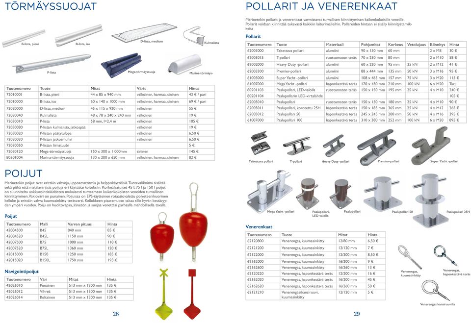 Pollareiden hintaan ei sisälly kiinnitystarvikkeita B-lista, pieni B-lista, iso D-lista, medium Kulmalista P-lista Mega-törmäyssuoja Marina-törmäys- Tuotenumero Tuote Mitat Värit Hinta 72010001