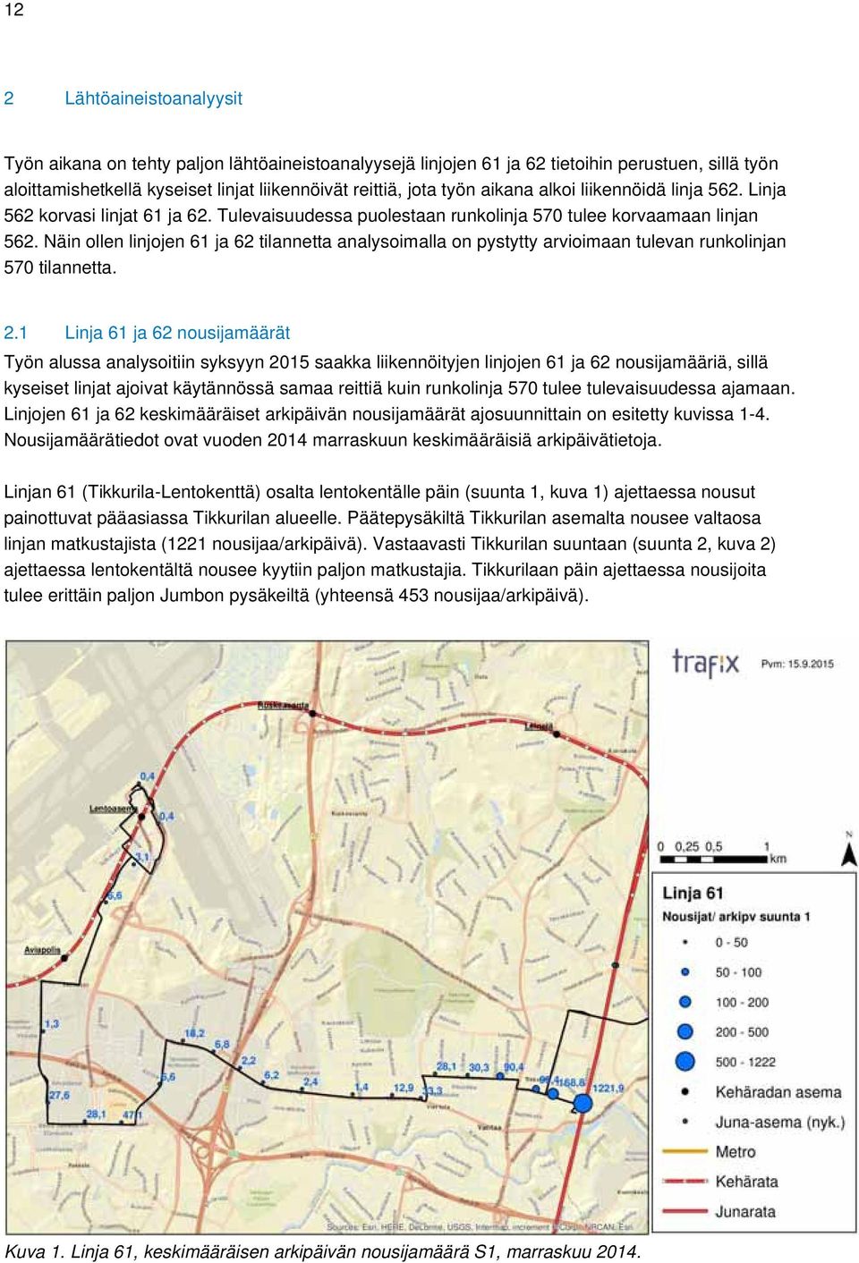 Näin ollen linjojen 61 ja 62 tilannetta analysoimalla on pystytty arvioimaan tulevan runkolinjan 570 tilannetta. 2.