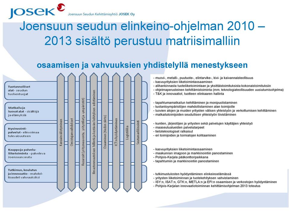 teknologiateollisuuden uusiutumisohjelma) - T&K ja innovaatiot, tuotteen elinkaaren hallinta - tapahtumamatkailun kehittäminen ja monipuolistaminen - tuotantoympäristöjen mahdollistaminen alan