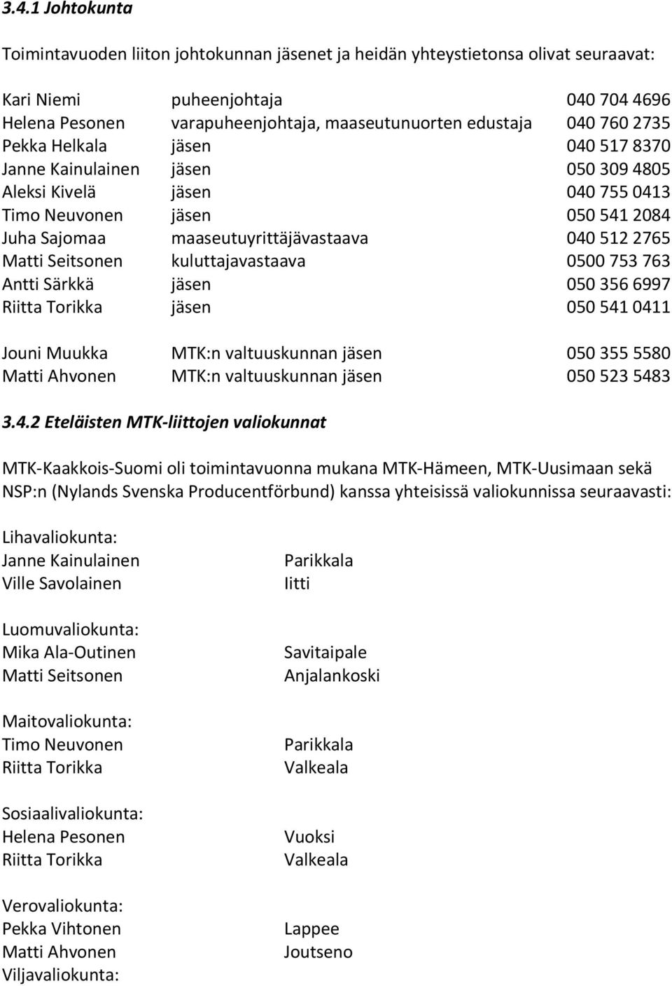 Seitsonen kuluttajavastaava 0500 753 763 Antti Särkkä jäsen 050 3566997 Riitta Torikka jäsen 050 5410411 Jouni Muukka MTK:n valtuuskunnan jäsen 050 3555580 Matti Ahvonen MTK:n valtuuskunnan jäsen 050