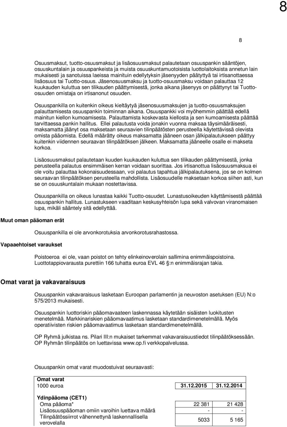 Jäsenosuusmaksu ja tuotto-osuusmaksu voidaan palauttaa 12 kuukauden kuluttua sen tilikauden päättymisestä, jonka aikana jäsenyys on päättynyt tai Tuottoosuuden omistaja on irtisanonut osuuden.