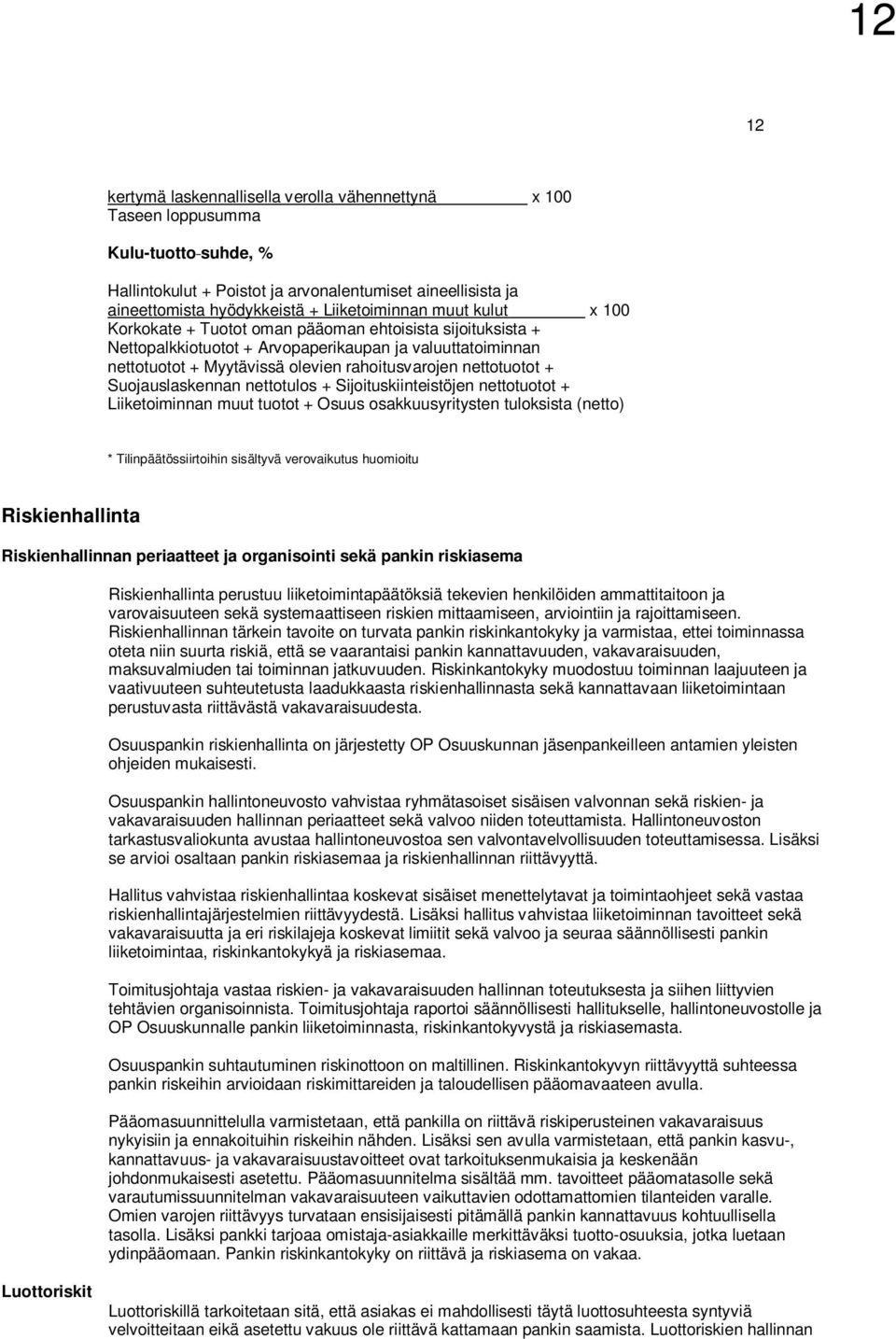 nettotuotot + Suojauslaskennan nettotulos + Sijoituskiinteistöjen nettotuotot + Liiketoiminnan muut tuotot + Osuus osakkuusyritysten tuloksista (netto) * Tilinpäätössiirtoihin sisältyvä verovaikutus