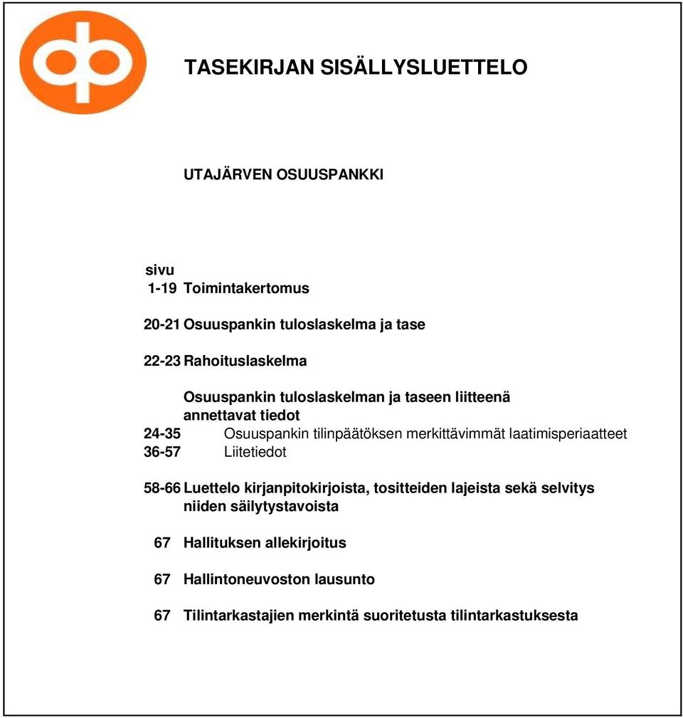 merkittävimmät laatimisperiaatteet 36-57 Liitetiedot 58-66 Luettelo kirjanpitokirjoista, tositteiden lajeista sekä selvitys