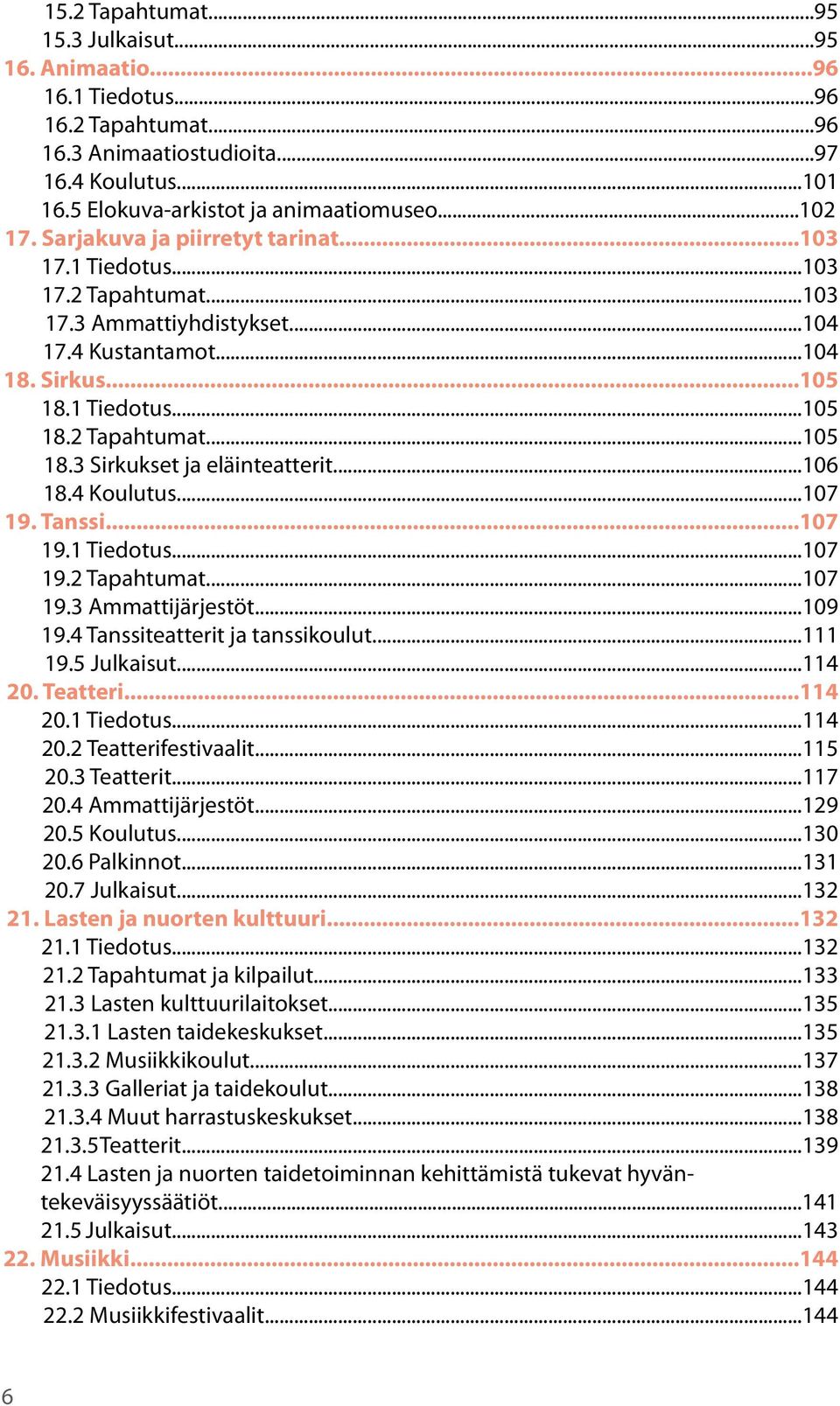 ..106 18.4 Koulutus...107 19. Tanssi...107 19.1 Tiedotus...107 19.2 Tapahtumat...107 19.3 Ammattijärjestöt...109 19.4 Tanssiteatterit ja tanssikoulut...111 19.5 Julkaisut...114 20.