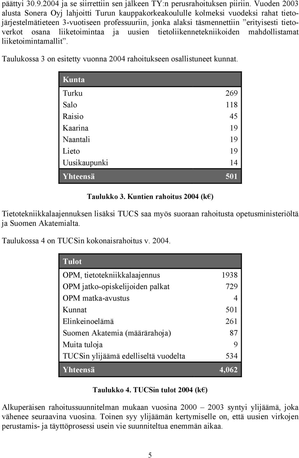 liiketoimintaa ja uusien tietoliikennetekniikoiden mahdollistamat liiketoimintamallit. Taulukossa 3 on esitetty vuonna 2004 rahoitukseen osallistuneet kunnat.