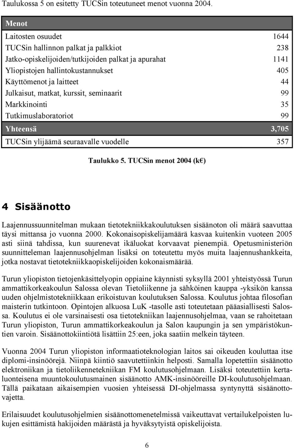 Julkaisut, matkat, kurssit, seminaarit 99 Markkinointi 35 Tutkimuslaboratoriot 99 Yhteensä 3,705 TUCSin ylijäämä seuraavalle vuodelle 357 Taulukko 5.